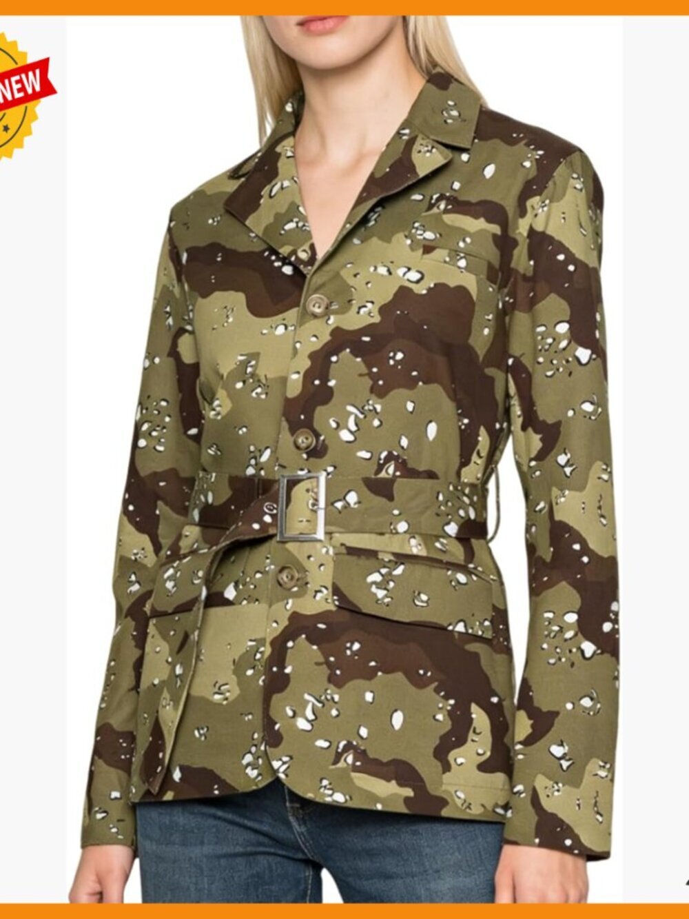 Oversized Camo Denim Blazer Jacket Long Sleeve Button Down Belted